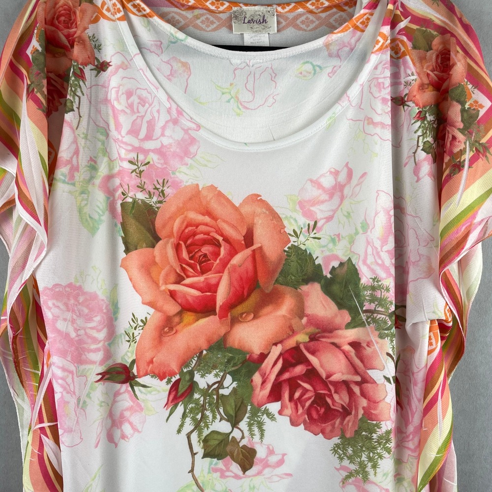 VTG Lavish Floral Rose Print Kaftan Blouse White Pink Orange Striped L USA Made - Picture 3 of 12